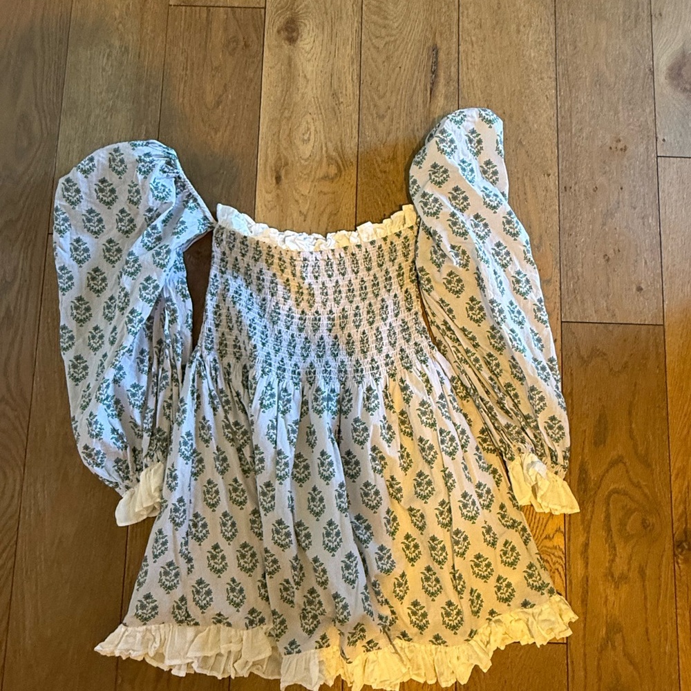 White Smocked Mini Dress with Green Leaf Print